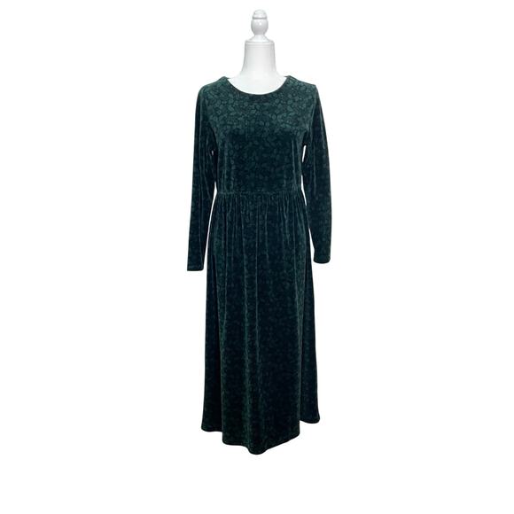 Vintage L.L. Bean 90s Sz 10 Green Holly Leaf Print Velvet Fall Winter Midi Dress - Picture 1 of 7